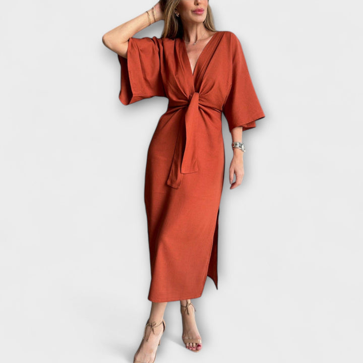 Holly - Casual Dress with V-Neck in Cotton-Linen Blend with Tie