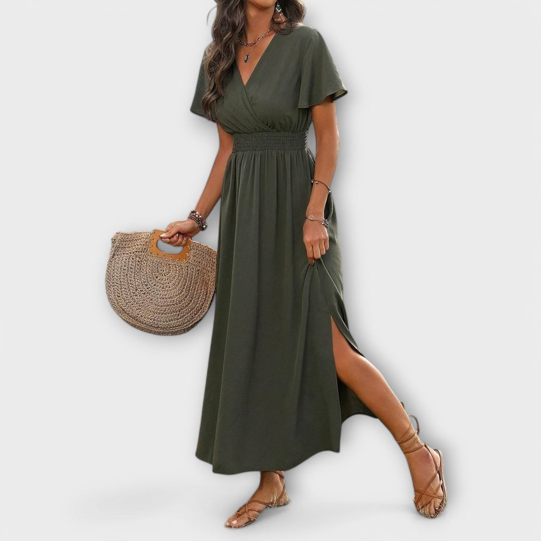 Heather - An elegant Boho dress with a V-neckline and long sleeves