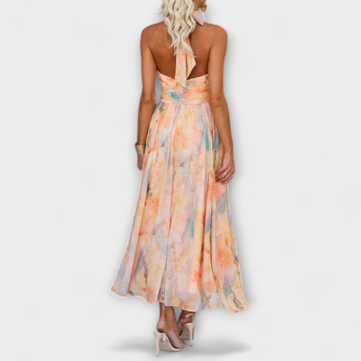 Halter-Neck Watercolour Print Maxi Dress
