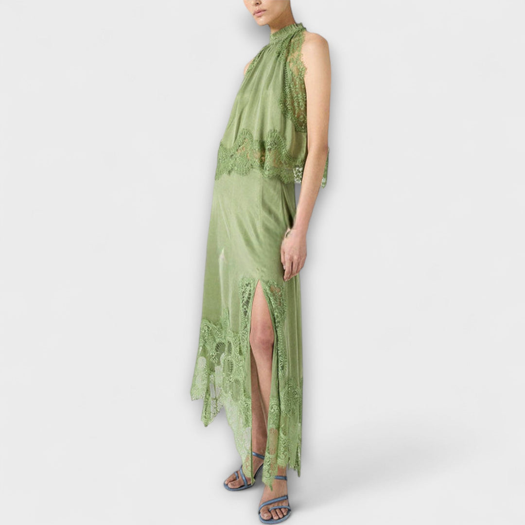 Kaia - Satin Blouse with Lace Trim and Pleated Neckline in Set