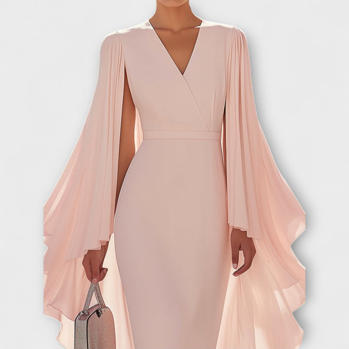 Rachel - Hellrosa Midi Dress with V-Neck and Chiffon Sleeves