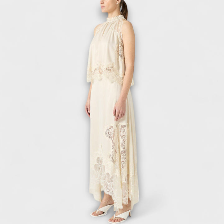 Kaia - Satin Blouse with Lace Trim and Pleated Neckline in Set