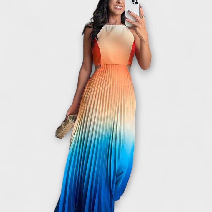 Haven – Stylish Backless Maxi Dress with Gradient and Tie Pleats