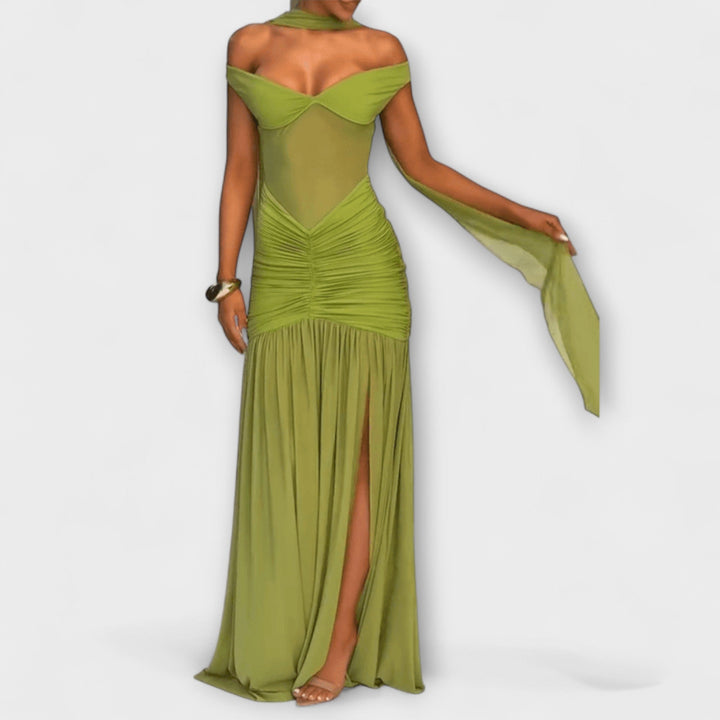 Nicole - Olive Green Maxi Dress with V-Neck