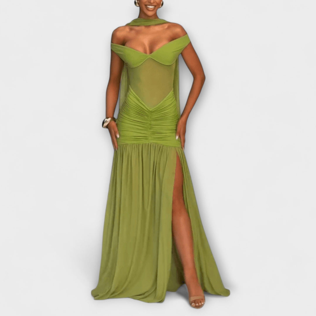 Nicole - Olive Green Maxi Dress with V-Neck