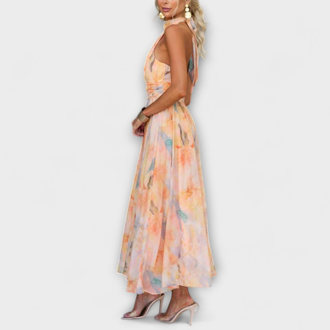 Halter-Neck Watercolour Print Maxi Dress