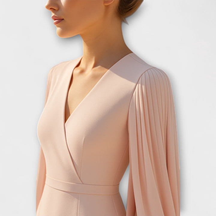 Rachel - Hellrosa Midi Dress with V-Neck and Chiffon Sleeves