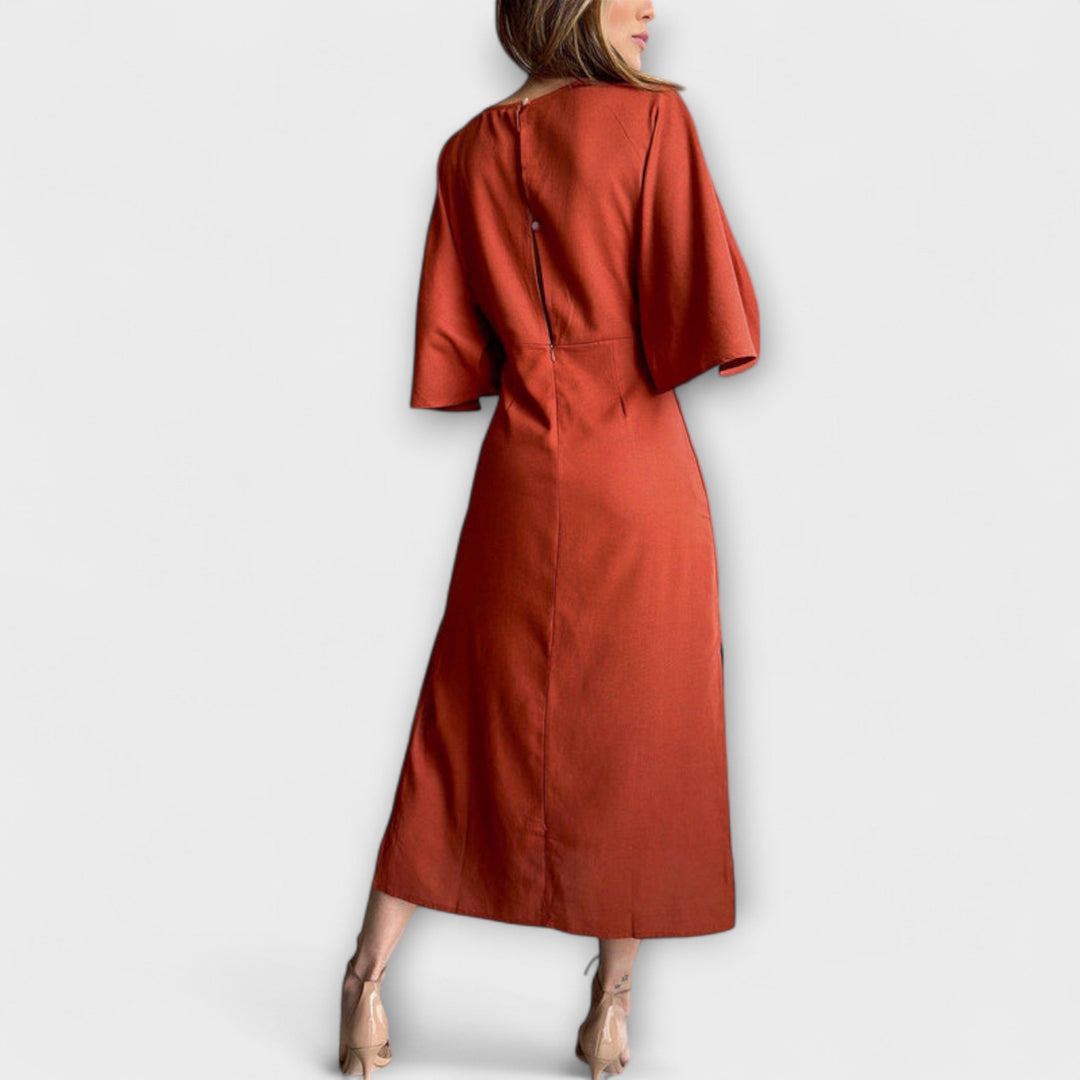 Holly - Casual Dress with V-Neck in Cotton-Linen Blend with Tie