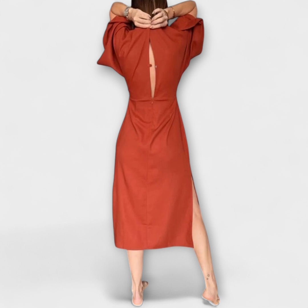 Holly - Casual Dress with V-Neck in Cotton-Linen Blend with Tie