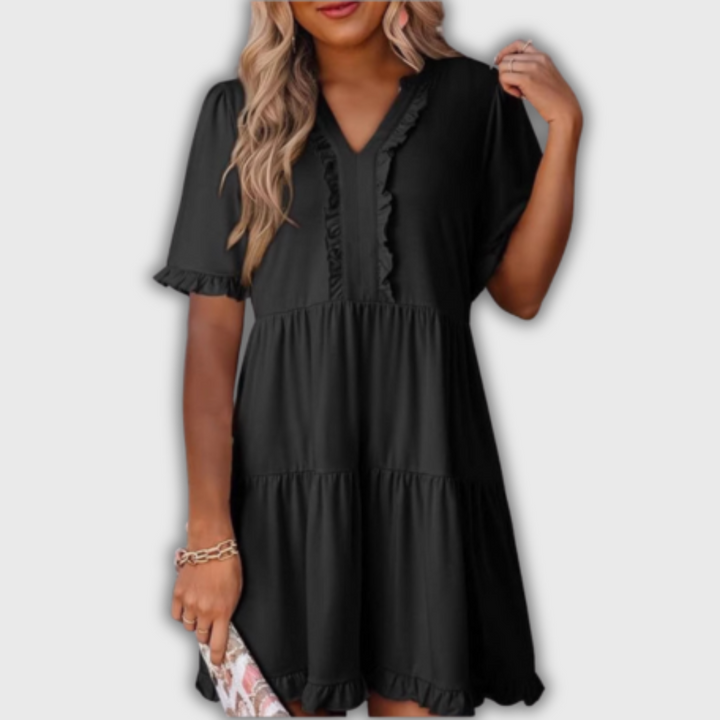 SHAILA – Relaxed Mini Dress with V-Neck & Ruffle