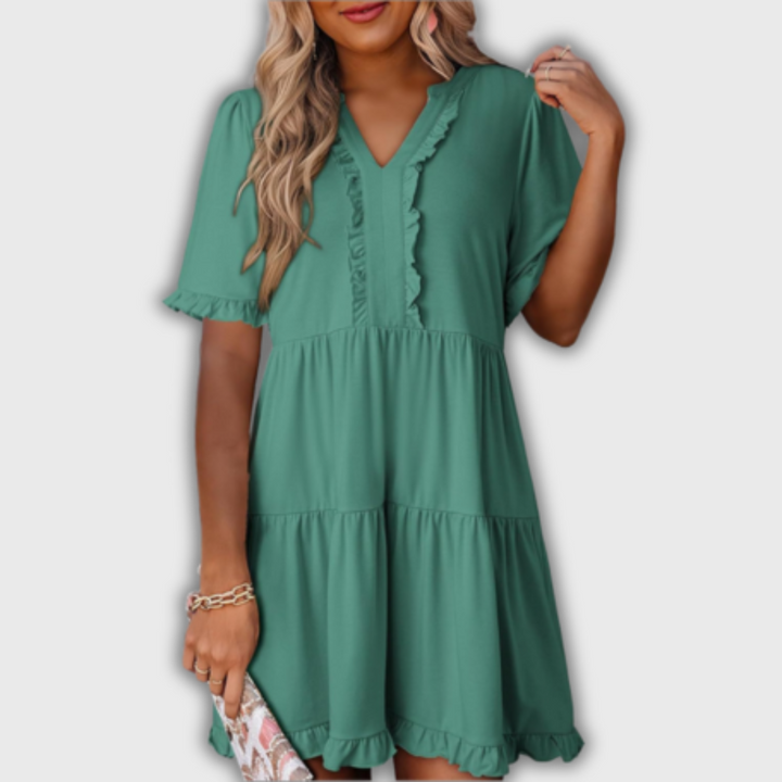 SHAILA – Relaxed Mini Dress with V-Neck & Ruffle
