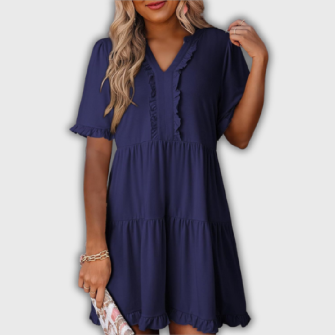 SHAILA – Relaxed Mini Dress with V-Neck & Ruffle