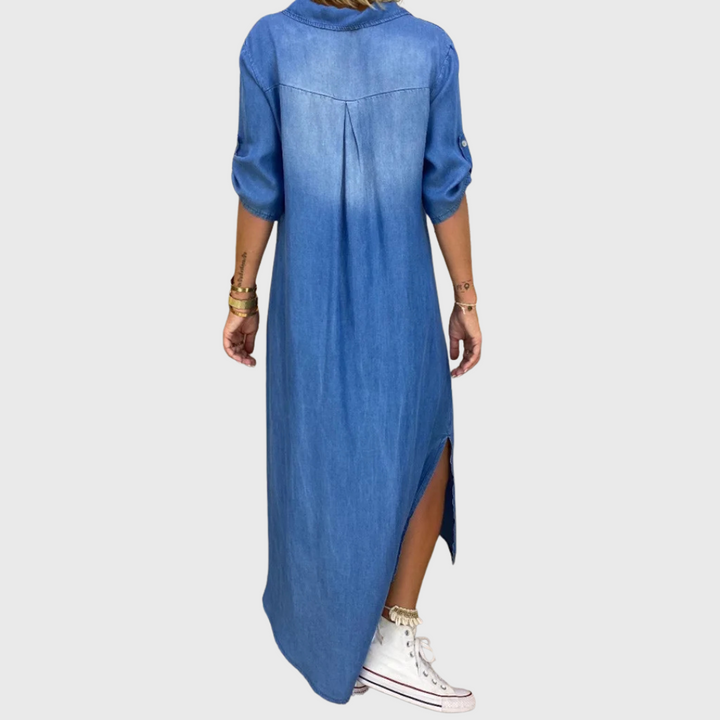 Lea - Long Denim Look Dress with Side Slit