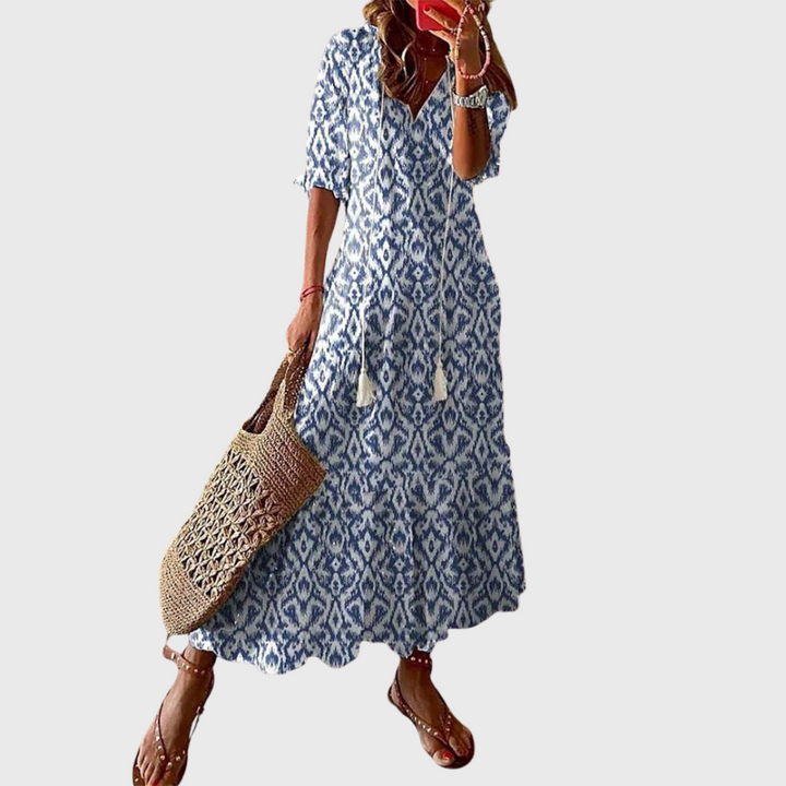 Béatrice | Boho Vintage Dress with V-Neck and Button Pattern