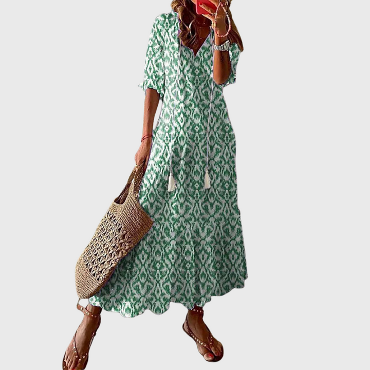 Béatrice | Boho Vintage Dress with V-Neck and Button Pattern