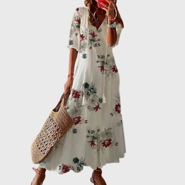 Béatrice | Boho Vintage Dress with V-Neck and Button Pattern