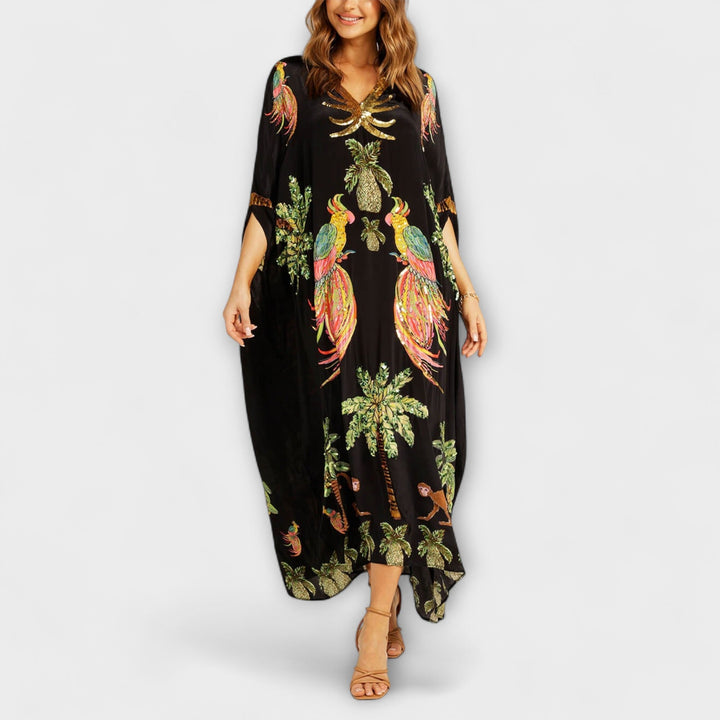 Linda - Off-Shoulder Dress with Asymmetrical Shoulder and Palm Print