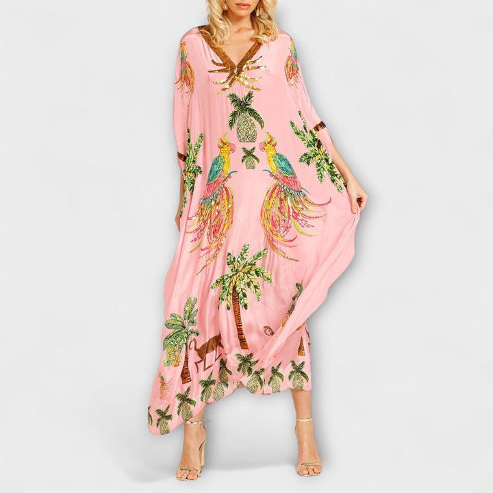 Linda - Off-Shoulder Dress with Asymmetrical Shoulder and Palm Print