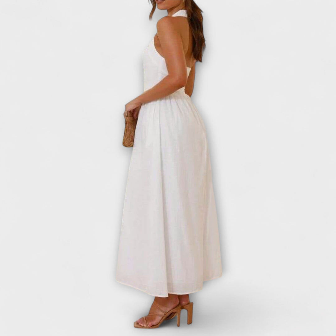 Lydia - Mid-Length Black Halter Dress with Waist Detail