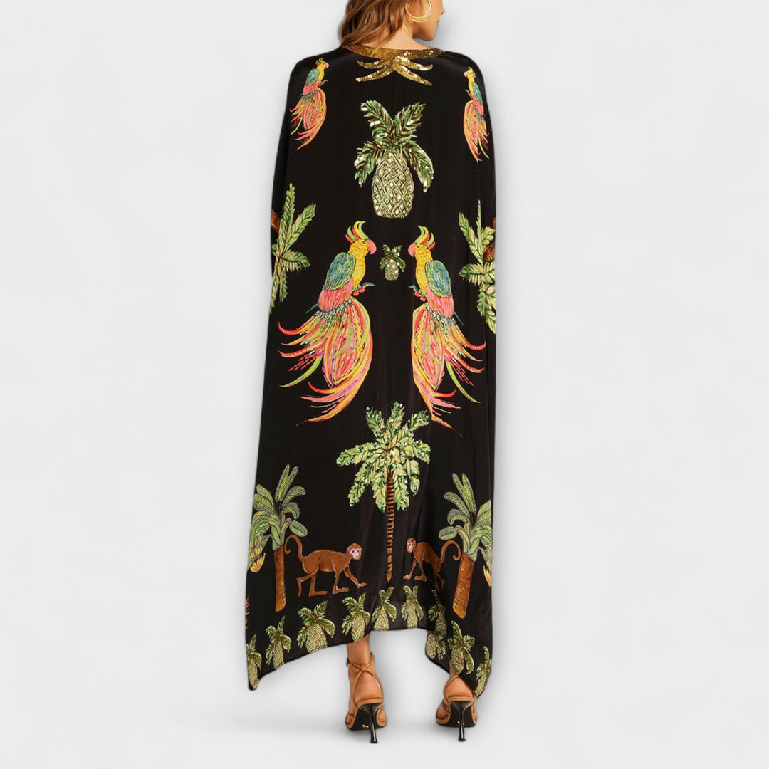 Linda - Off-Shoulder Dress with Asymmetrical Shoulder and Palm Print